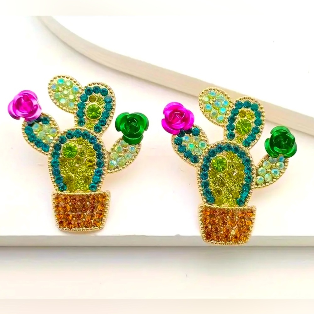 Beautiful Green & Pink Rhinestones Cactus Earrings Metal Flowers
